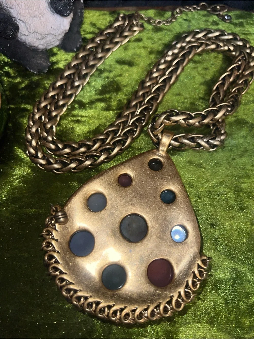 Antique-Style Multistone Large Teardrop Pendant Necklace - Gold Tone